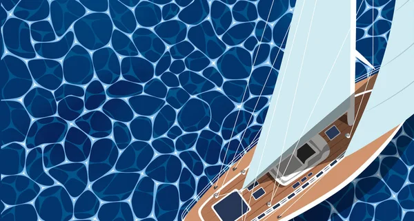 テキストのためのスペースとセーリング船バナー 深い青色の海の水の上から見る帆ボート 高級ヨットレース セーリング レガッタ ベクトルの海 世界的なヨットの航海や旅行します ヨットのセーリングのレイアウト — ストックベクタ