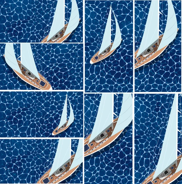 Yachting Club Banners Instellen Bovenaanzicht Zeilboot Diepblauwe Zeewater Luxe Yacht — Stockvector