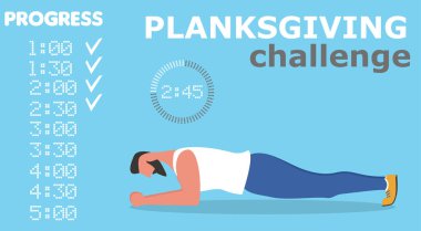 Planksgiving meydan afiş. Planking egzersiz yapan fitness erkek. Tahta pozisyonu vektör çizim içinde ayakta atlet. Düz stil sportif güçlü adam karakter. Yoga egzersiz duruş için.