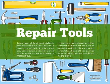Onarım araçları afiş el tarzı çizilmiş. Üstten görünüm mekanik aletler illüstrasyon vektör. Atölye tertibatları onarır. Marangozluk ve ev yenileme için el aletleri. DIY mağaza reklam