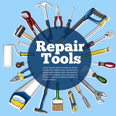 Onarım araçları afiş el tarzı çizilmiş. Üstten görünüm mekanik aletler illüstrasyon vektör. Atölye tertibatları onarır. Marangozluk ve ev yenileme için el aletleri. DIY mağaza reklam