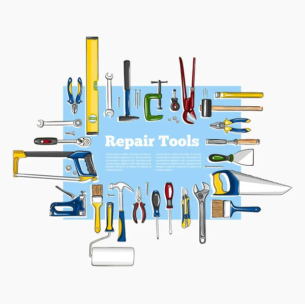 Repair Tools Banner Hand Drawn Style Top View Mechanic Instruments — Stock Vector