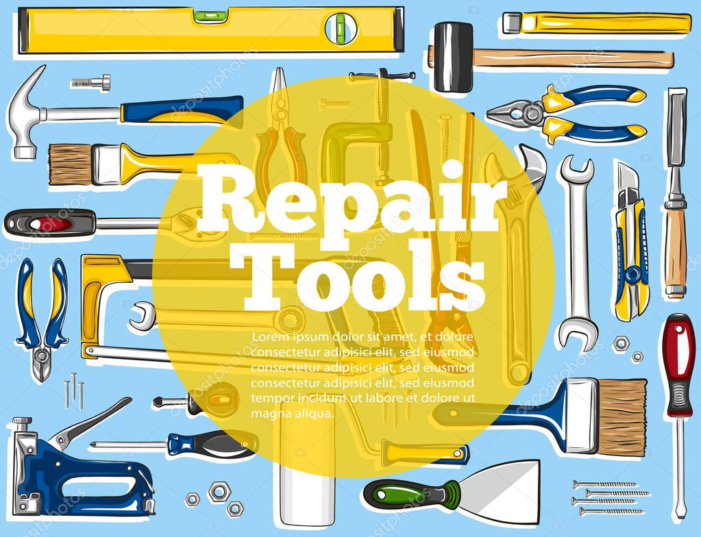 Repair tools banner in hand drawn style. Top view mechanic instruments vector illustration. Repairs workshop equipment. Hand tools for carpentry and home renovation. Diy store advertising