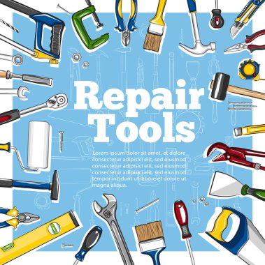 Onarım araçları afiş el tarzı çizilmiş. Üstten görünüm mekanik aletler illüstrasyon vektör. Atölye tertibatları onarır. Marangozluk ve ev yenileme için el aletleri. DIY mağaza reklam