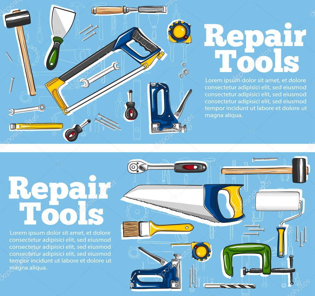 Repair tools flyers in hand drawn style. Top view mechanic instruments vector illustration. Repairs workshop equipment. Hand tools for carpentry and home renovation. Diy store advertising