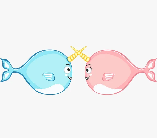 Narwhal couple characters in cartoon style drawing — Stock Vector