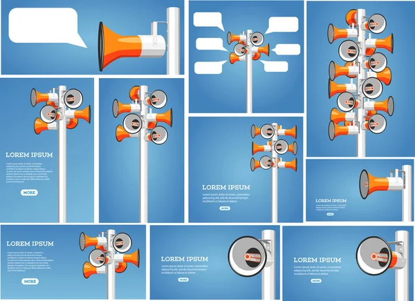 Many megaphones hang on pole vector