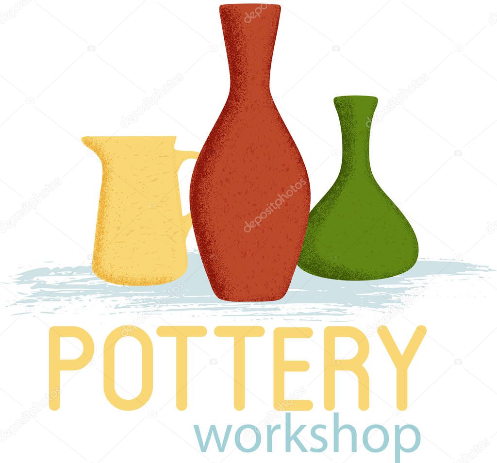 Colorful clay dishes with textured shadow on white background. Handcrafted pottery store banner. Handmade ceramics vector illustration. Pottery workshop logo.