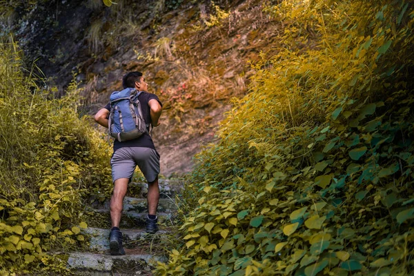 Young Boy Climbing Mountain Backpack Trekking Adventure — Stock Photo, Image