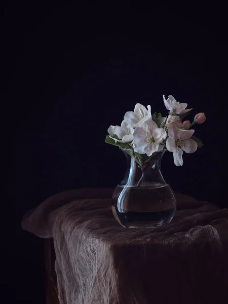 Spring bouquet from branches of blooming apple trees in transparent vase on a black background .Minimalist floral still life.Art Photo. — Stock Photo, Image