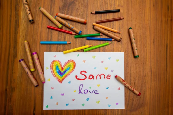 Pintura Infantil Uma Leitura Mesa Madeira Mesmo Amor Com Coração — Fotografia de Stock