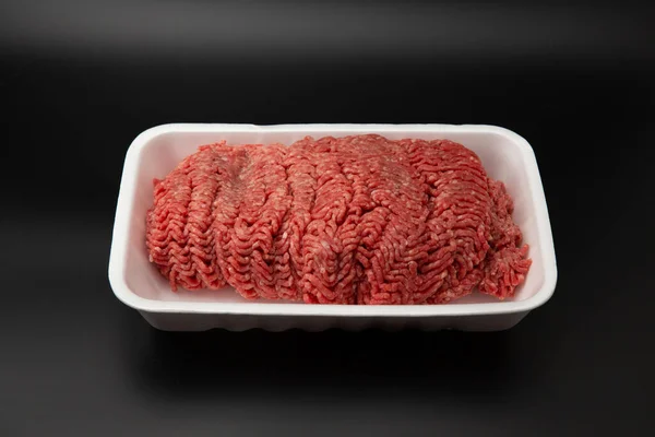 Raw Minced Ground Meat White Styrofoam Container Isolated Black Background — Stock Photo, Image