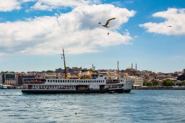 Haliç 'te yüzen feribot, bulutlu bir yaz gününde gökyüzünde uçan martılar, İstanbul, Türkiye