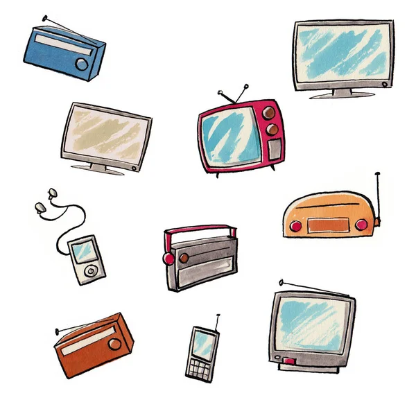 set of ten graphic resources, of televisions, radios and telephones of different times and styles