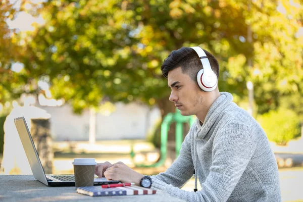 Jovem Estudando Com Computador Enquanto Ouve Música Com Fones Ouvido Imagens De Bancos De Imagens Sem Royalties