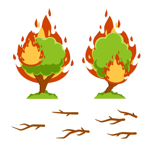 Forest fire. Natural disaster. Woodland problems. Dangerous situation. Careless handling of fire. Tree and flame. Flat cartoon. Branches and wood