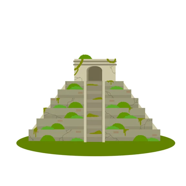 Mayan pyramid. Ancient American culture. Building in green jungle. Tourist attraction of Mexico. Stepped abandoned temple. An old mysterious civilization. Cartoon flat illustration