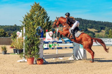 Kueps / Almanya Eylül 2019 Şoför engeli aştı. Kueps 'te düzenlenen binicilik turnuvasının sezon finali, Eylül 2019.