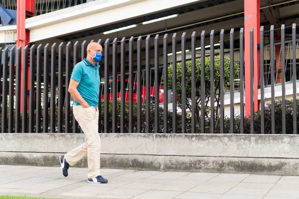 Middle Aged Latin Man Wearing Mask Avoid Spread Coronavirus While — Stock Photo, Image