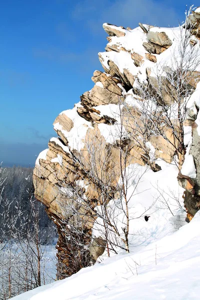 Invierno Rusia Bosque Árboles Montañas Nieve Frío Camino Arroyo Árboles — Foto de Stock