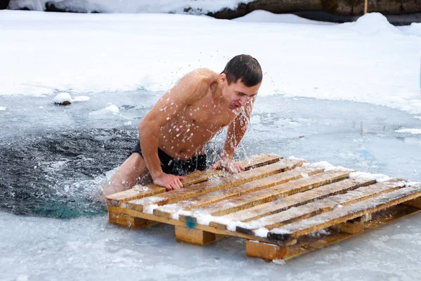 Oblast Tsjeljabinsk 2015 Man Een Walrus Krijgt Het Zwemmen Winter — Stockfoto