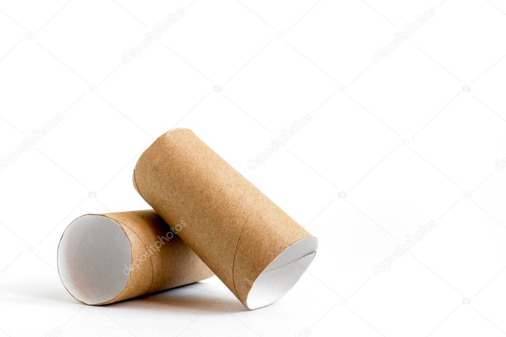 Close-up of empty toilet rolls. Two cardboard paper tubes on white background. Copy space