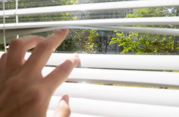 Hand opens with fingers blinds, outside window there is sunlight and green trees, selective focus — Stock Photo, Image