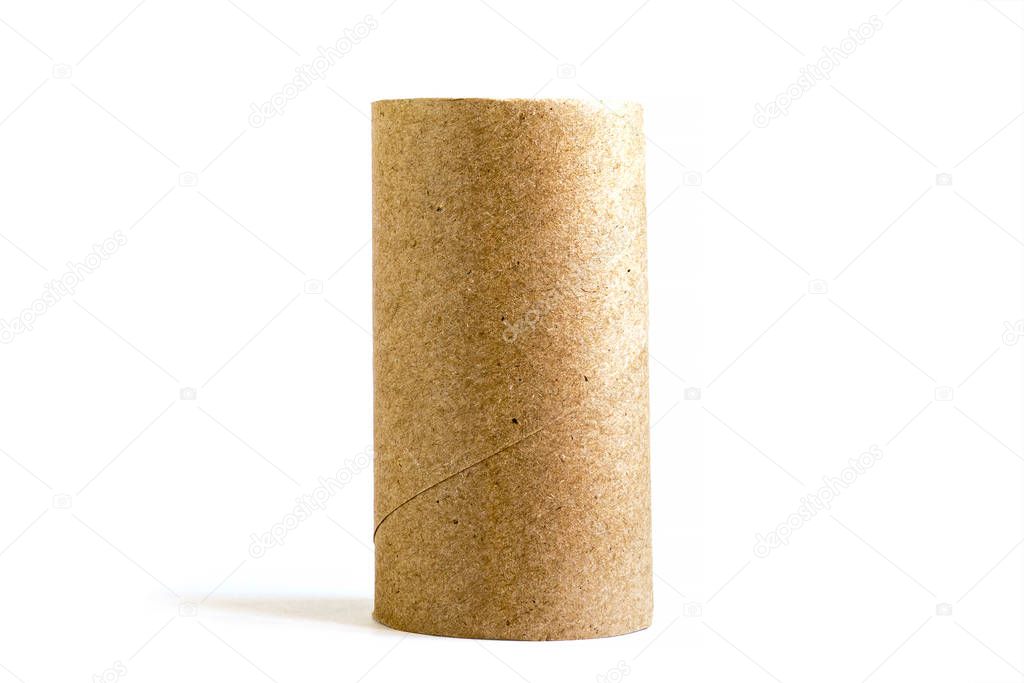 Isolated single cardboard paper tube on white background. Close-up of empty toilet roll