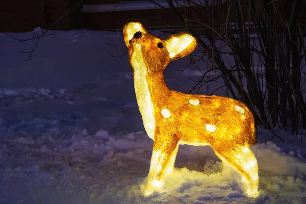 点亮丙烯酸鹿的雕像 在冬夜点亮小驯鹿的装饰 图库图片