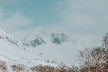 Metinler için kış dağları, kayaların ve dağların karlı tepelerinde buzlu mavi gökyüzü vahşi hayvanlar için kuru otlar, kayak ve snowboard için bir yer, peynirli kekler için olduğu kadar temiz hava için de