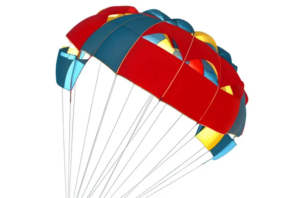 多种颜色的蓝色红色黄色降落伞 带有坚固绳索的吊索 降落伞由于空气的强烈流动而打开 在白色的背景上复制 积极运动 — 图库照片