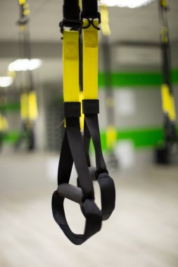 Eğitim ekipmanları, beyaz arka planda siyah bir işlevsel eğitim donanımı döngüsü. Spor aksesuarları. Sağlıklı bir yaşam tarzı için spor aletleri. Reklam afişi, spor