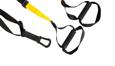 Eğitim ekipmanları, beyaz arka planda siyah bir işlevsel eğitim donanımı döngüsü. Spor aksesuarları. Sağlıklı bir yaşam tarzı için spor aletleri. Reklam afişi, spor