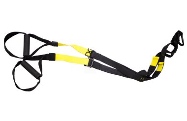 Eğitim ekipmanları, beyaz arka planda siyah bir işlevsel eğitim donanımı döngüsü. Spor aksesuarları. Sağlıklı bir yaşam tarzı için spor aletleri. Reklam afişi, spor