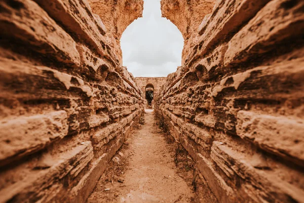 An ancient tunnel made of ancient stones along to a stone arch that was built a long time ago and strong building materials, ancient builders made of strong stone and sand for centuries