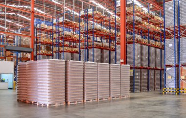Deponun içinde paletler dolusu yük var. Depo lojistik operasyonları. Depo işçisi ve forklift sürücüsü.