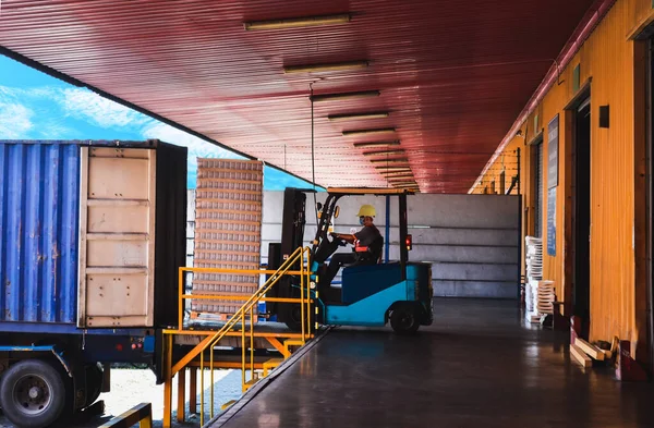 Depo rıhtımındaki konteynıra forklift doldurma paletleri.