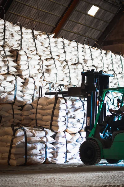 Vorkheftruck Stapelt Suikerzak Magazijn Suiker Magazijn Operatie Landbouwproduct Opslag Logistiek — Stockfoto