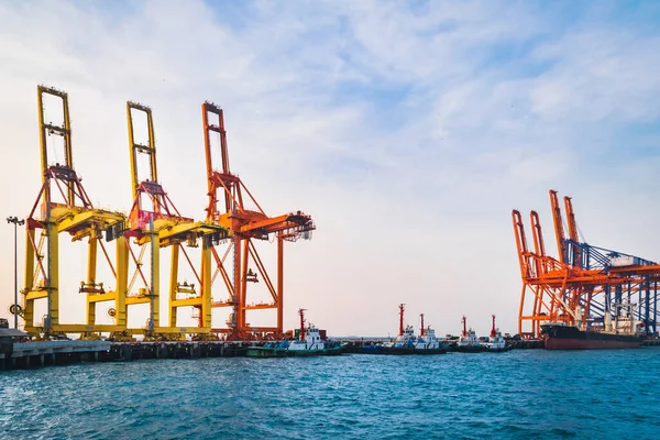 Quay crane standing on jetty harbor. Container handling equipment, heavy machinery for container logistics industry.