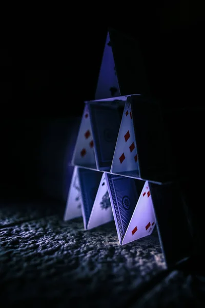 Flimsy Pile Playing Cards Stacked Seemingly Stable House Cards — Stock Photo, Image