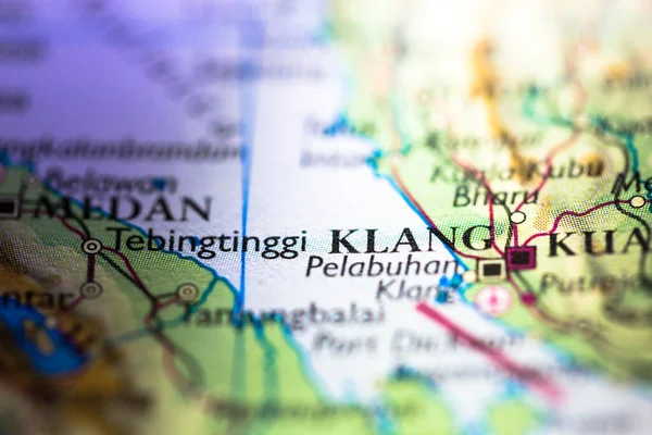 Shallow depth of field focus on geographical map location of Klang city in Selangor Malaysia Asia continent on atlas