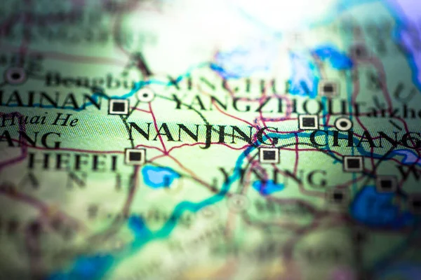 Ondiepe Scherptediepte Geografische Kaart Locatie Van Nanjing Stad Jiangsu China — Stockfoto
