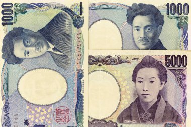 Para banknotları çeşitli değerlerde çerçeve Japon yenleri boyunca yayıldı