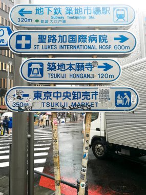 Tokyo 'daki ünlü Tsukiji Balık Pazarı' na giden yol kenarında yol tabelası.