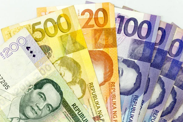 Notas Moeda Espalhadas Por Todo Quadro Filipinas Peso Várias Denominações — Fotografia de Stock