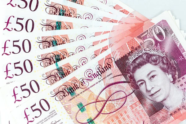 Валютные Банкноты Разбросанные Раме Британского Фунта Стерлингов Различных Номиналах — стоковое фото
