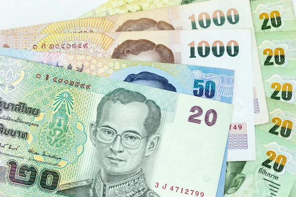 Valuta Bankbiljetten Verspreid Frame Thai Baht Verschillende Denominatie — Stockfoto