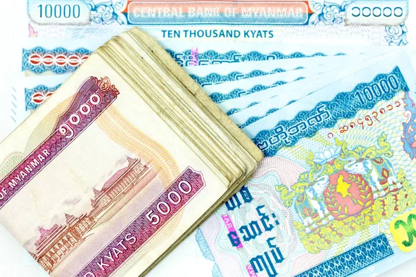 Valutasedlar Utspridda Över Ramen Myanmar Kyat Olika Valörer — Stockfoto