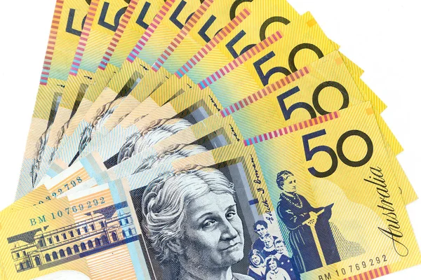 Měnové Bankovky Rozložené Napříč Rámcovým Australským Dolarem Různých Nominálních Hodnotách — Stock fotografie