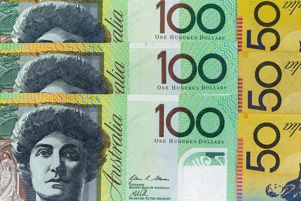 Notas Moeda Espalhadas Por Todo Quadro Dólar Australiano Várias Denominações — Fotografia de Stock